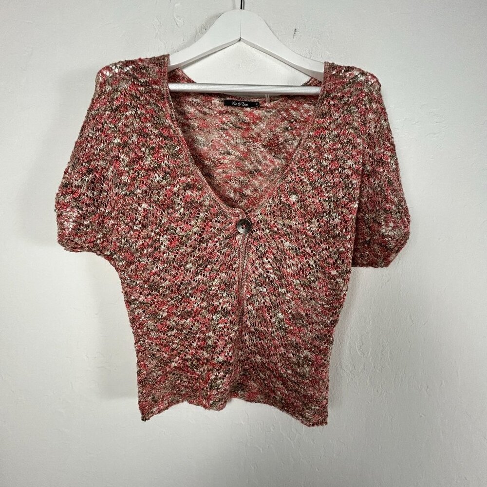 Nic + Zoe Womens V-Neck Short Sleeve Knitted Cardigan Sweater Medium Multicolor